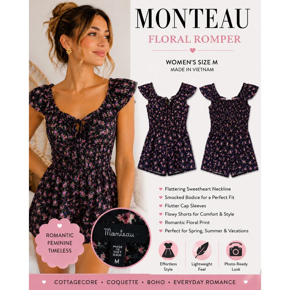 MONTEAU Floral Romper Women’s Size M Black Pink Cottagecore Coquette Boho